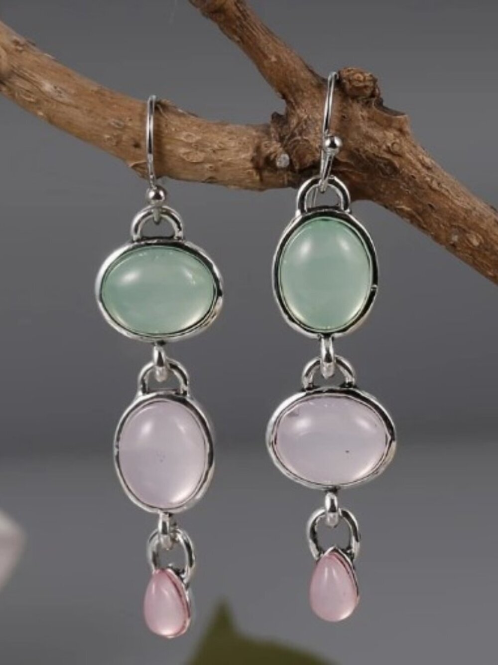 Moonstone Dangle Earrings Oval Pink and Green Stones Silver Plated Copper